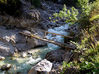 wooden bridge, web, white water, river, bach, mountain stream, book white ditch