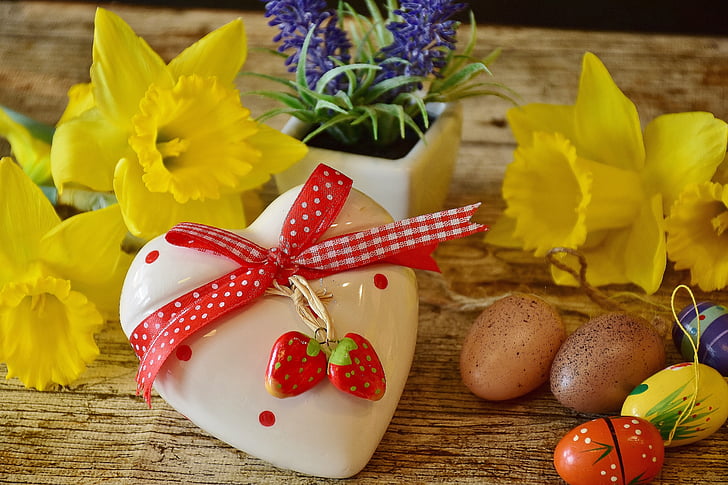 jantung, Daffodils, hadiah, Paskah, osterglocken, telur, Telur Paskah