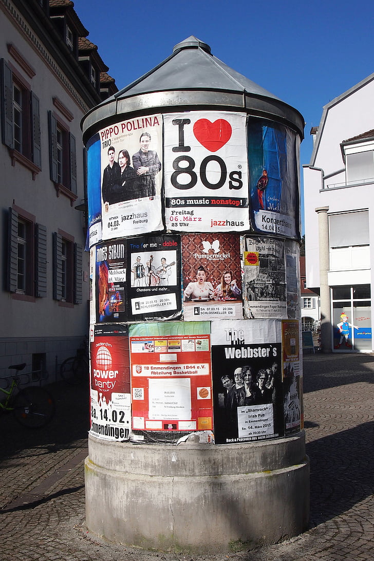 реклама стълб, litfaß, плакати, обявяване, сърце, град, концерти