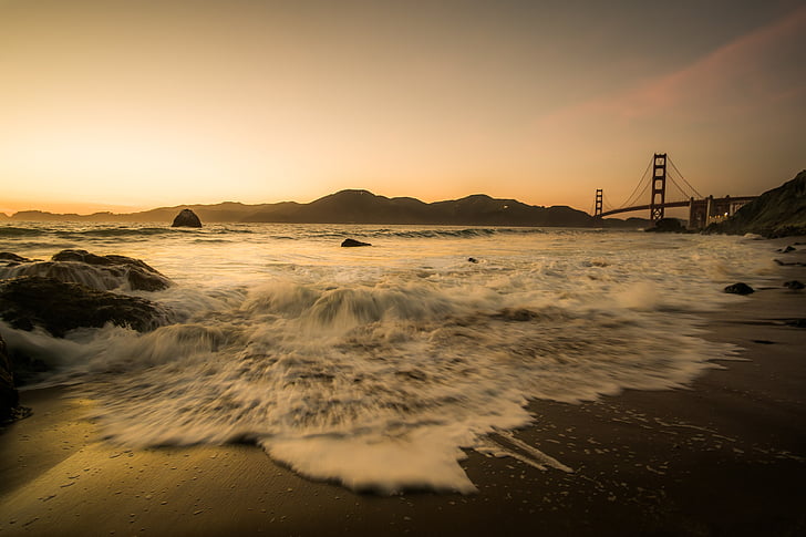Most, Golden gate bridge, morze, Ocean zachód słońca, Plaża, Ostatnie światło