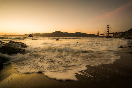 Bridge, Golden gate bridge, Sea, ookeani sunset, Beach, valguses