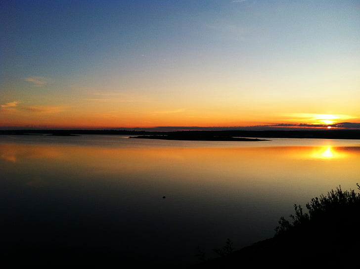 Západ slunce, jezero, reflexe, krajina, Krásné, voda, Příroda