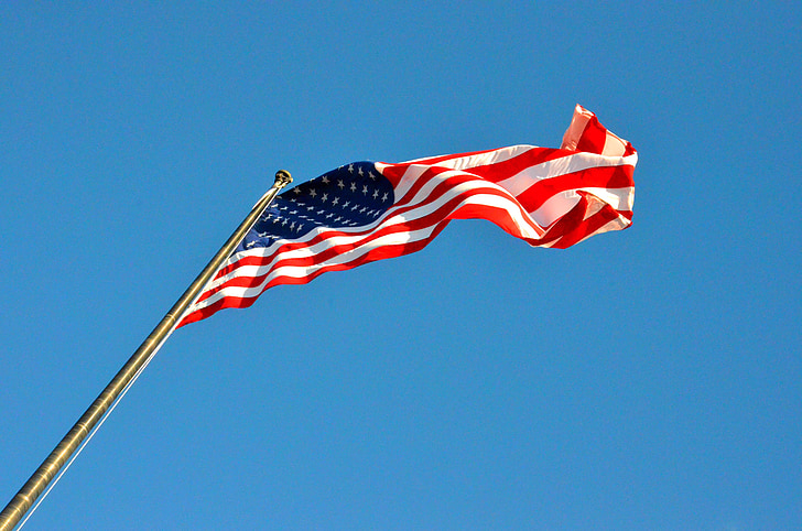 flagga, Amerika, stjärnigt, röd, fladder, vind, Stripes