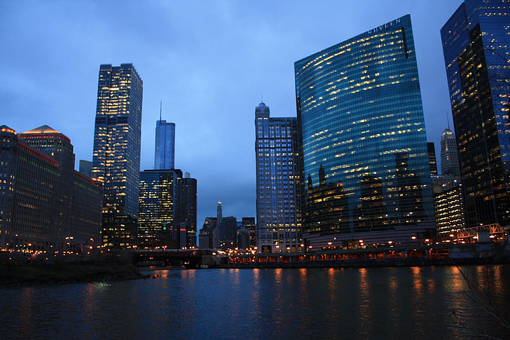 Chicago, Rio, à noite, azul, céu, azul profundo, arquitetura