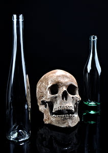 mort, crani, vidre, simplicitat, fosc, fons, composició