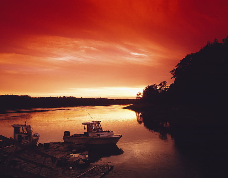 sunset, water, boat, lake, dusk, sky, orange
