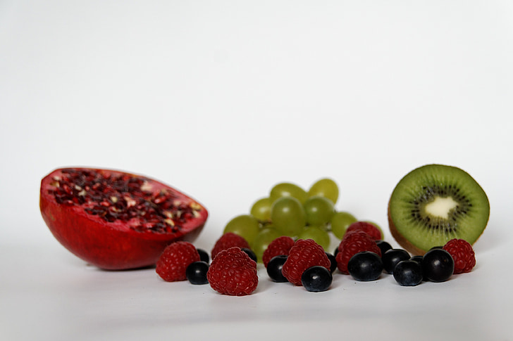 blueberries, raspberries, grapes, kiwi, pomegranate, fruit, healthy