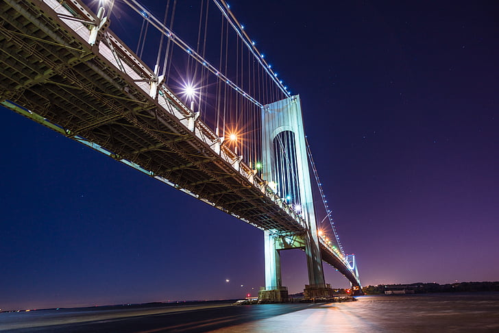 Brooklyn, ponte, noite longa, longa exposição, à noite, velocidade, iluminado