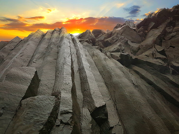 basalt barer, solnedgang, Island, kirkjufjara, gyldne skyer, Rock, rektangel