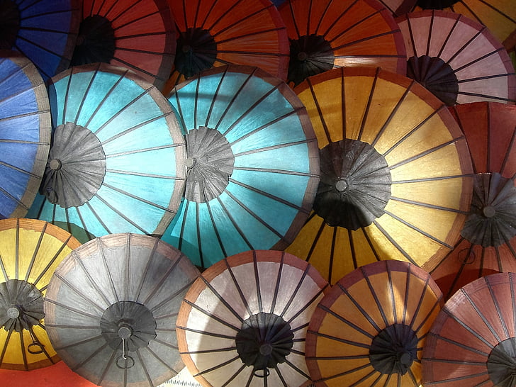 parasols, market, coloured, around, circles