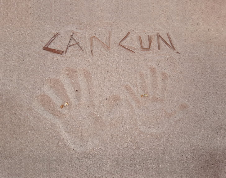Cancun, plage, Lune de miel, mariage, mains, sable, amour