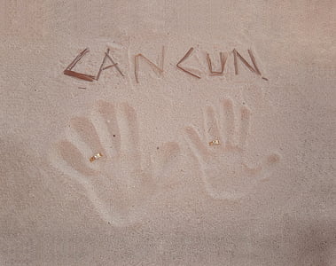 Cancun, pludmale, medus, laulības, rokas, smilts, mīlu