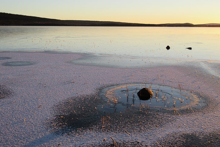 syksyn ice, Sunrise, talvi, soutujärvi, Norrbotten, lumi, Sunset
