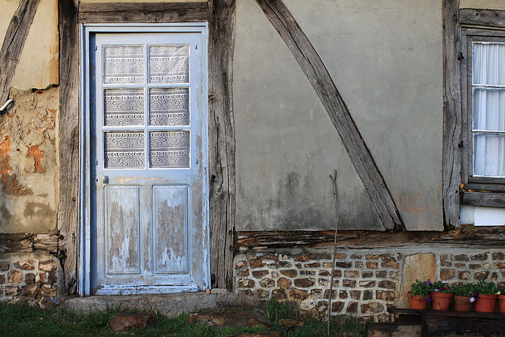 porte, maison, bleu, fenêtre de, vieux, abandonné, architecture
