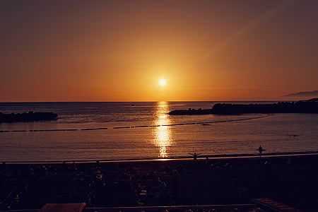 backlit, beach, calm, dawn, dusk, evening, horizon