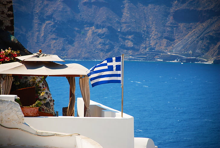 Santorin, Grèce, drapeau, Grec, île, voyage, Oia