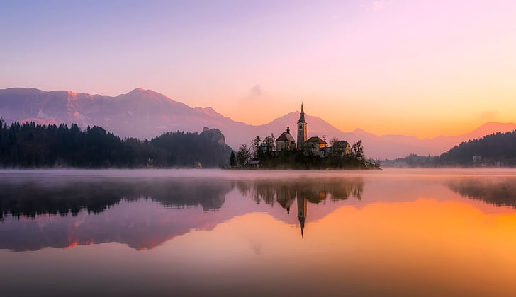 Panoramos, saulėtekio, Aušros, Bledas, Slovėnija, sala, bažnyčia