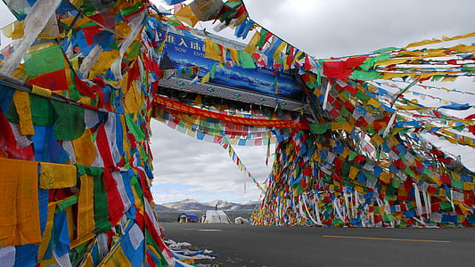 gebed vlag, Tibet, Bergen, bergpas