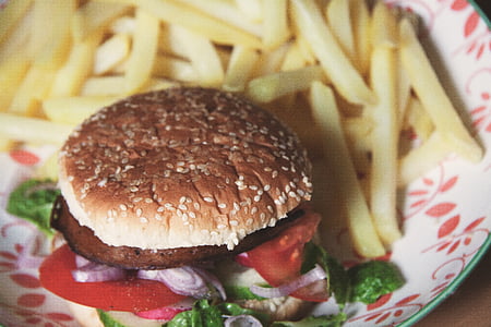 Burger, frites, pain, alimentaire, Hamburger, puces, tomate