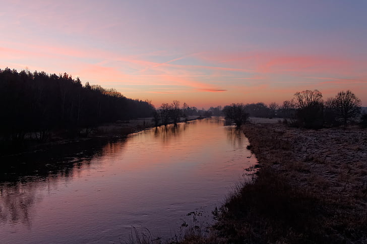 lever du soleil, rivière, matin, hiver, nature, froide, Lubuskie