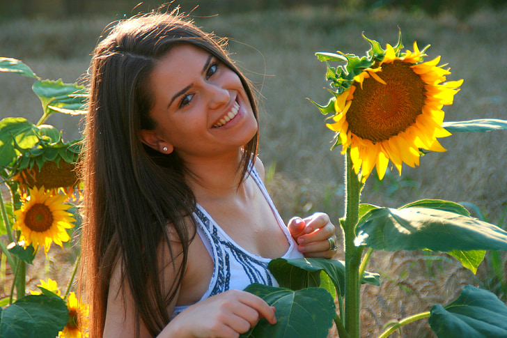 Gadis, bunga matahari, senyum, bidang, kuning