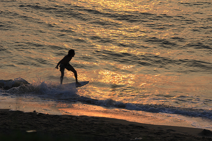 Surfer, stranden, våg