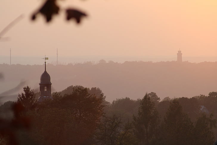 sončni zahod, glauchau, lobsdorf, cerkev, zvonik, stolp, gozd