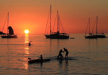 sunset, sea, silhouette, atmosphere, boats, backlight, canoeing