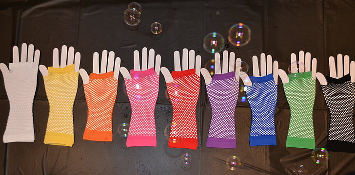 gloves, bubbles, colored gloves, hand
