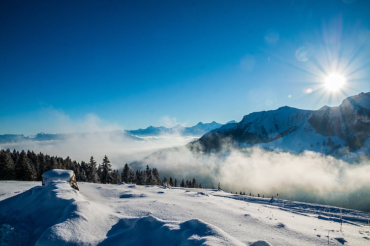 mountain, mountains, winter, snow, sky, sun, fog