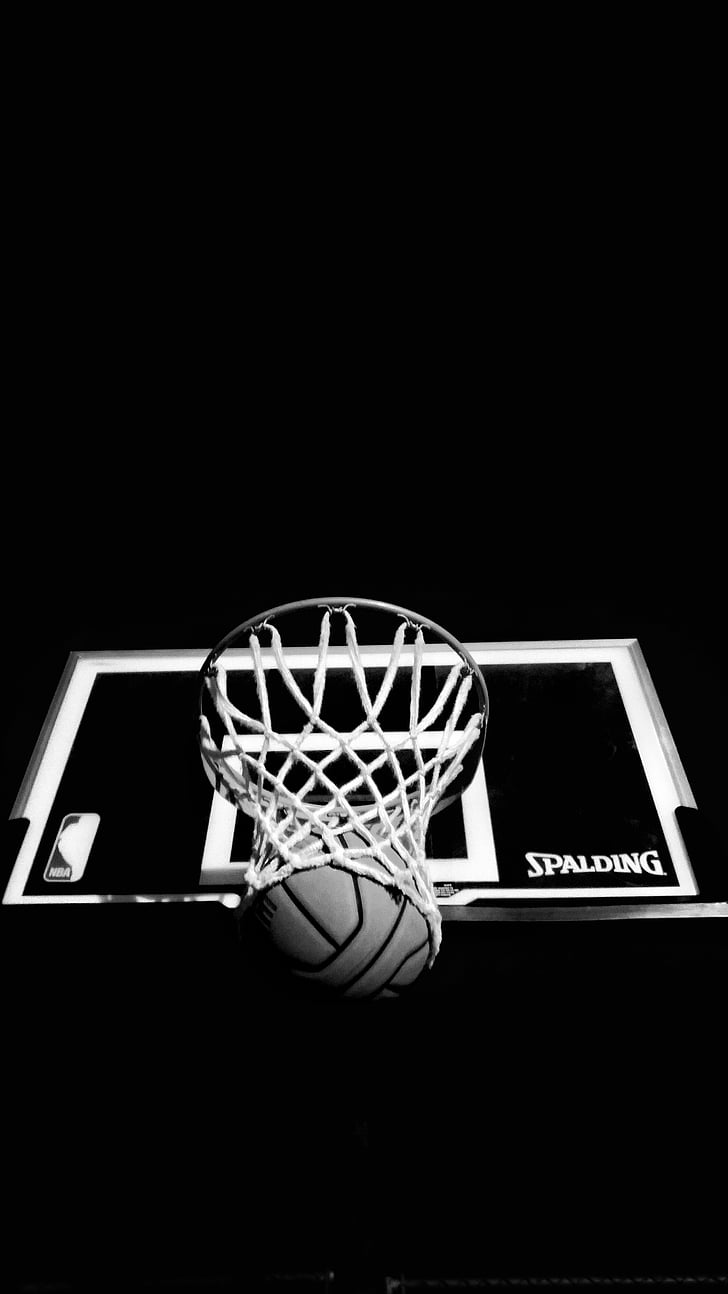 pilota, cistella, bàsquet, en blanc i negre, fosc, monocrom, xarxa