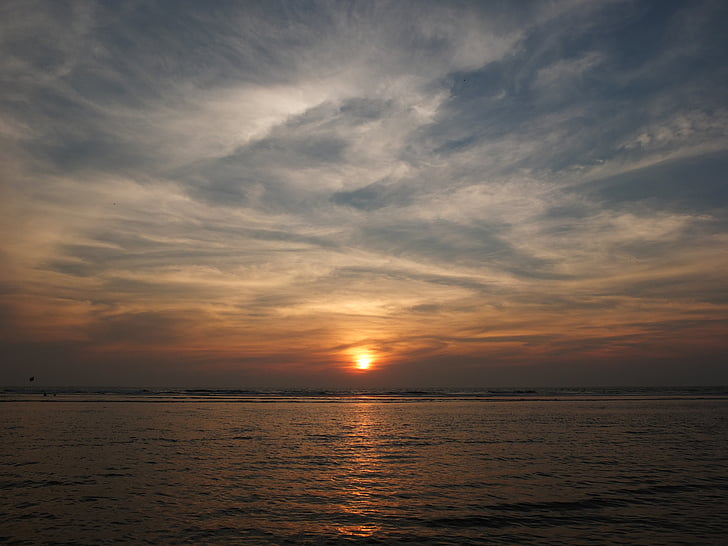 solnedgang, hav, India, Goa, landskapet, stranden, himmelen
