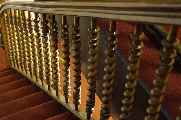escaleras, Treppengeländer, pasamano de, dado vuelta, madera, antiguo, escalera