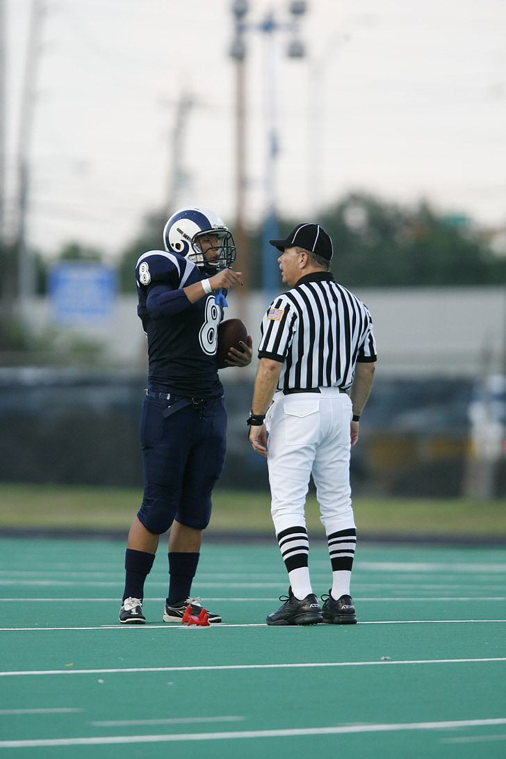 football official, referee, football game, discussion, sport, american football, officiate