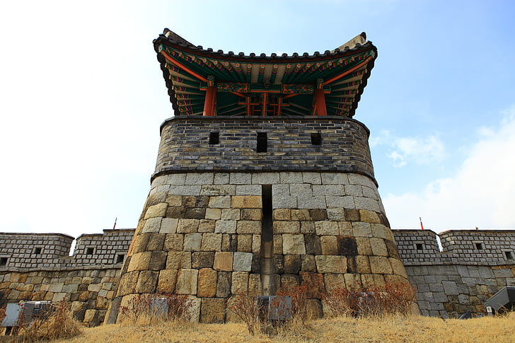 Hwaseong fästning, världskulturarv, fördärvar, Joseon dynastin slott, poru, arkitektur, berömda place