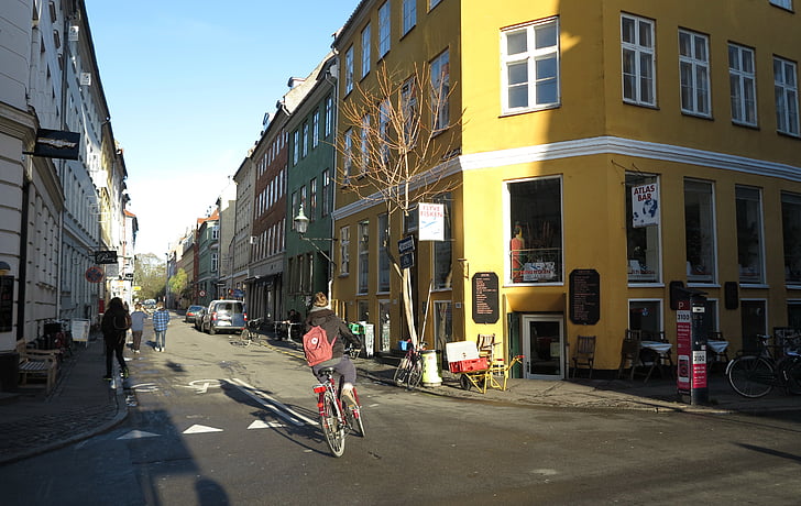 Копенгаген, цикл, велосипедист, Осень, большой город, город, Дом