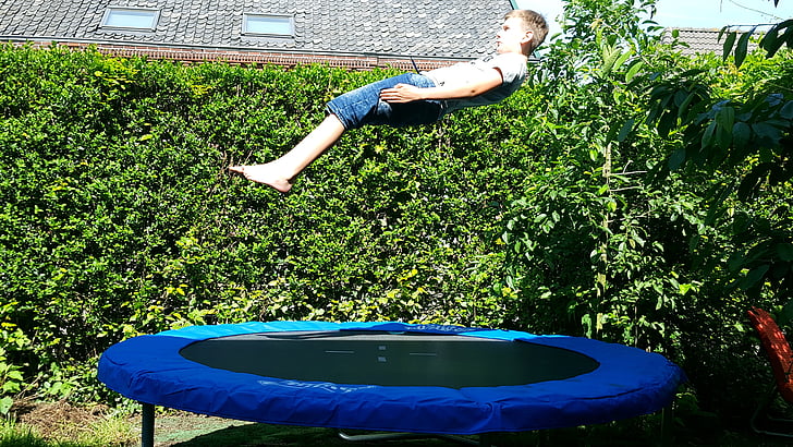 jump, trampoline, play, fun, outdoor, happy, garden