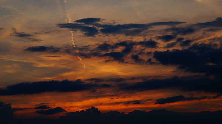 evening sky, clouds, contrail, sunset, afterglow, beauty in nature, nature