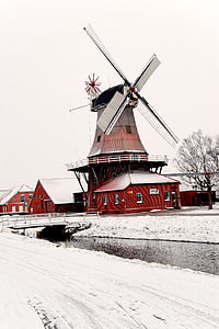 moinho de farinha, água, Wieke, neve, frio, frisia do leste, Inverno