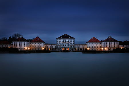 Münih, Nymphenburg Sarayı, Mavi saat, gece, mimari, Cityscape, ev