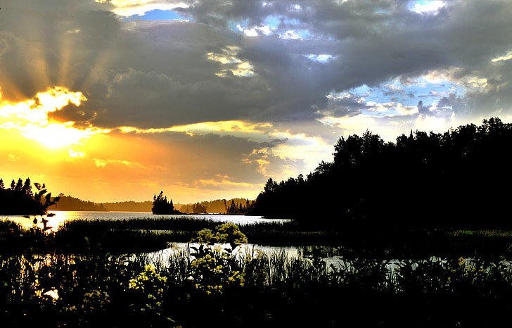 Západ slunce, jezero, mraky, soumrak, obloha, Příroda, Québec