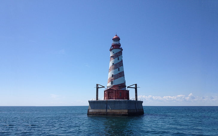 lighthouse, lake, blue, sky, scenic, landmark, michigan