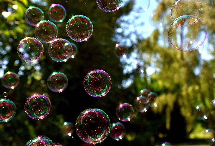 muilo burbulai, spalvinga, skristi, padaryti muilo burbulai, atvaizdavimas, muiluotu vandeniu, kamuoliai