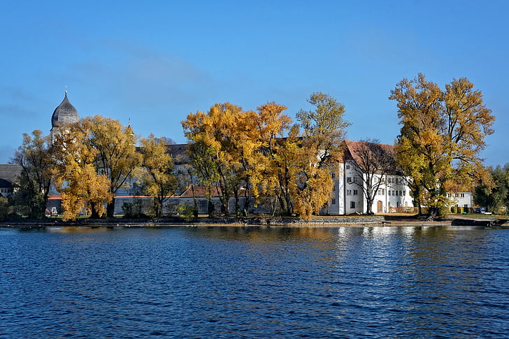 jesen, Dame otok, samostan, frauenwörth samostan, benediktinski, Chiemsee, Gornje Bavarske