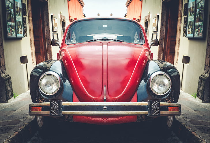 piros, fekete, Volkswagen, Bogár, utca, autó, Vintage