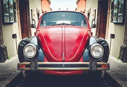 červená, čierna, Volkswagen, chrobák, Ulica, auto, Vintage