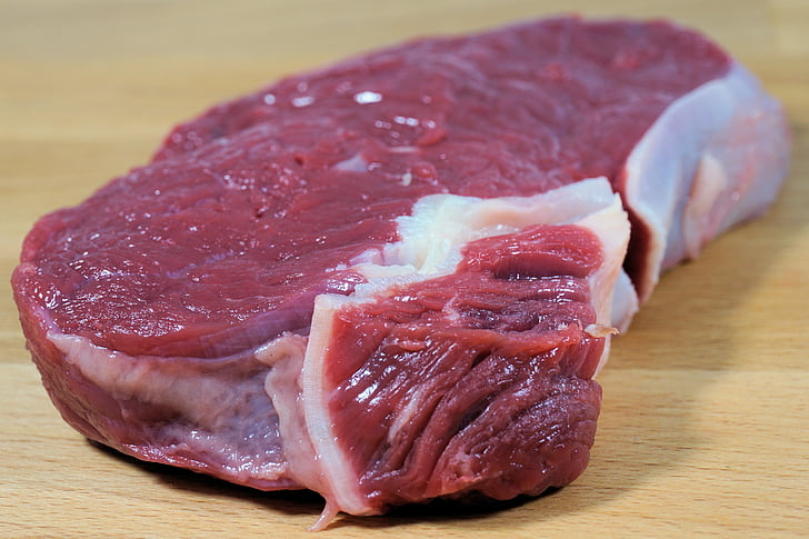 meat, raw, food, piece of meat, beef, wooden board, raw meat