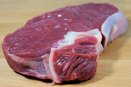 mäso, surové, jedlo, kus mäsa, hovädzie mäso, drevené dosky, surové mäso