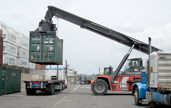 Đang nạp, vận chuyển hàng hóa, container, xe tải, phẳng, giao thông vận tải, công nghiệp