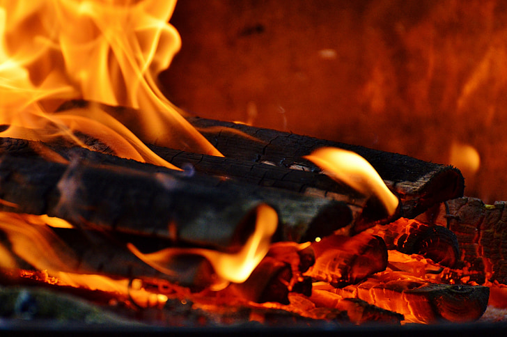 fire, wood, embers, flame, hot, burn, yellow